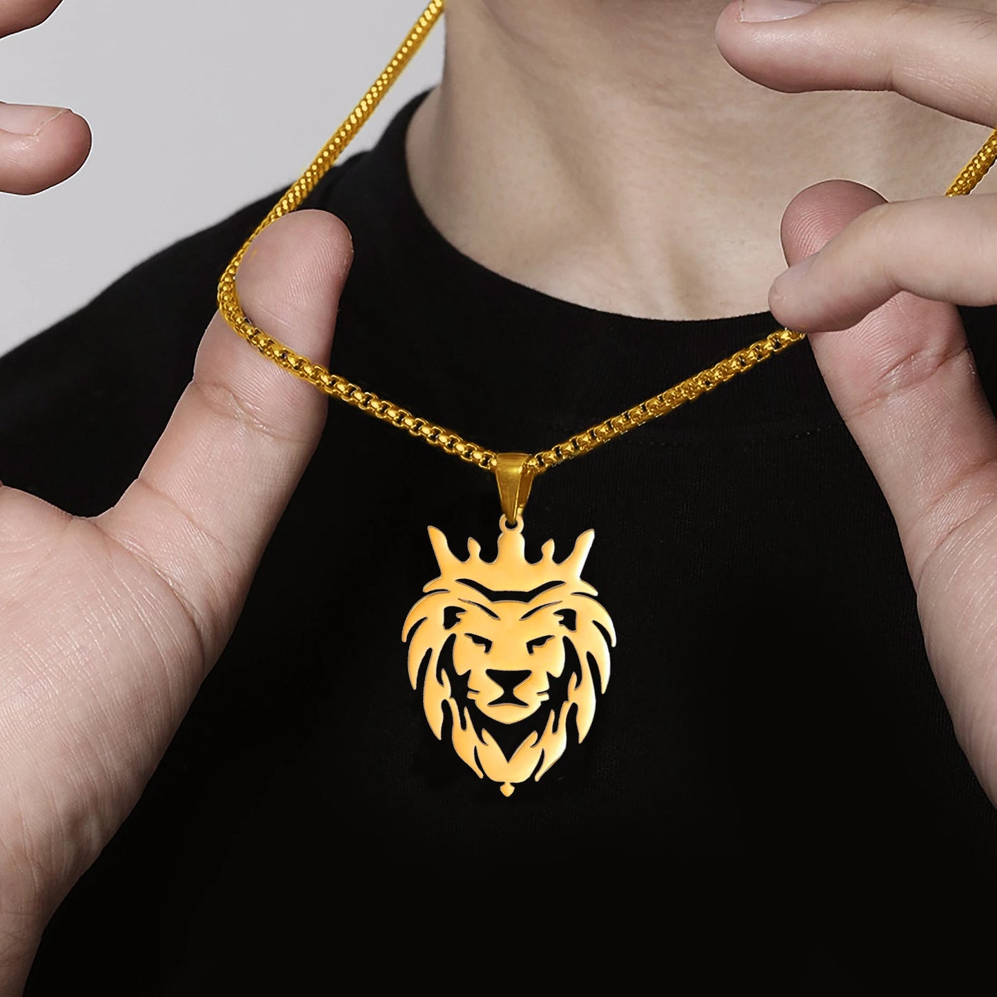 My Shape Lion with King Crown Necklaces for Men Boys Stainless Steel Punk Animal Necklaces Lion Men's Box Chain Choker Jewelry