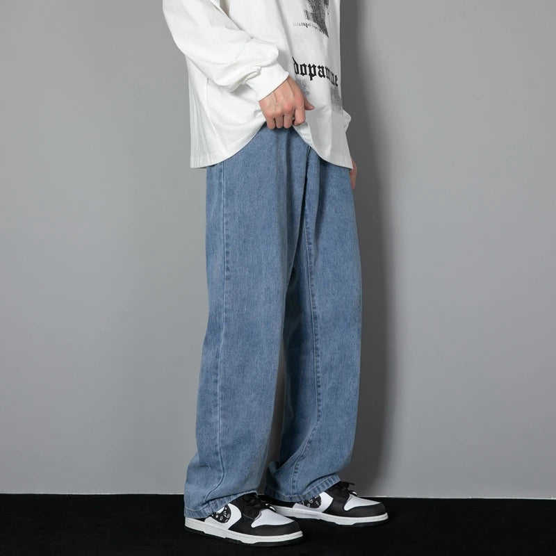 Men's Casual Long Jeans Classic Man Straight Denim Wide-leg Pants Solid Color Light Blue Grey Black 3XL