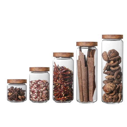 Wood Lid Orgnizer Glass Airtight Canister Kitchen Storage Bottles Jar Sealed Food Container Ginger Cereal Dispenser Stash Cans