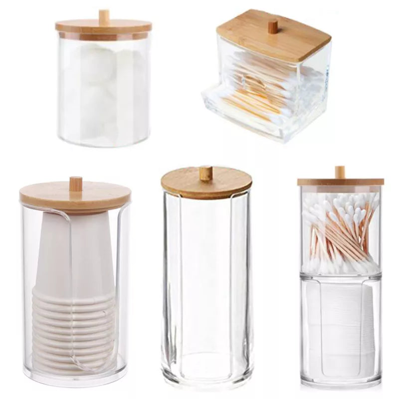 Acrylic Storage Box Bathroom Jar Makeup Organizer Cotton Round Pad Holder Cotton Swab Box Qtip Holder Dispenser with Bamboo Lid