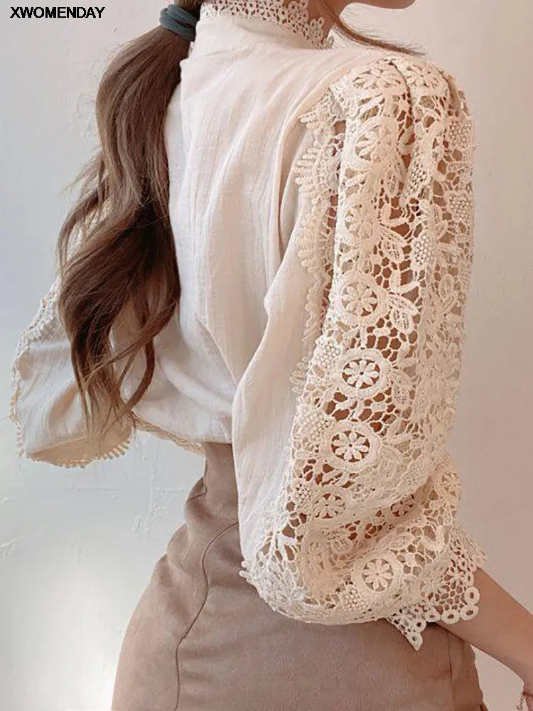 Women Chiffon Button Turtleneck Shirt Chic Elegant Floral Lace Fluffy Long Sleeve Top Fashion Hollow Oversize White Blouse