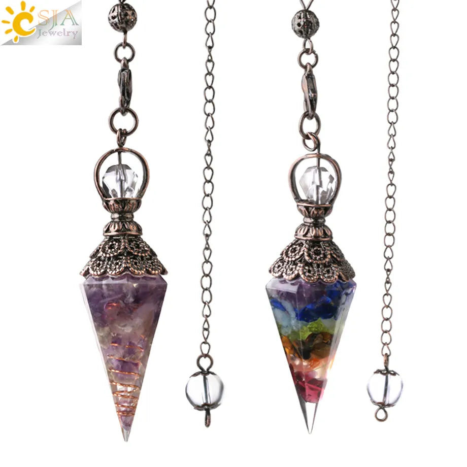 CSJA 7 Chakra Healing Crystals Pendulum for Dowsing Divination Quartz Natural Stone Pendulums Antique Reiki Pendant Pendulo