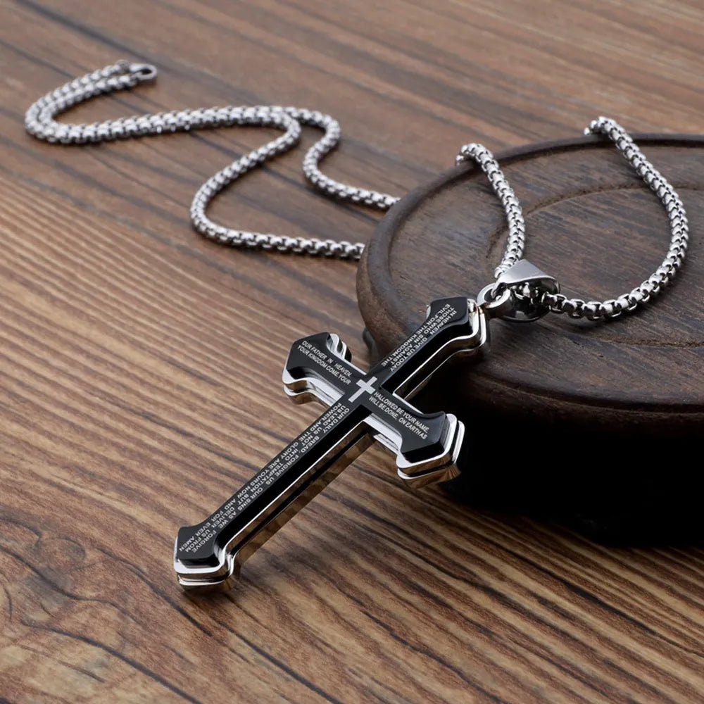 Vintage Christian Bible Text Stainless Steel Cross Pendant Necklace Punk Fashion Biker Amulet Men's Chain Necklace Jewelry Gift