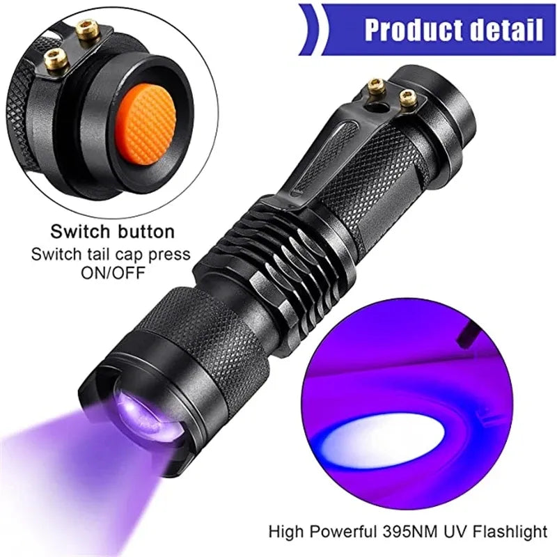 Lampe de poche UV LED 365/395nm, Mini torche ultraviolette Portable, étanche, Zoomable, lumière violette, détecteur d'urine d'animaux domestiques, lampe UV