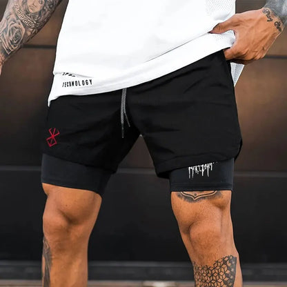 New Men's Fitness Training Skinny Shorts Demon Print Summer 2 In 1 Quick Dry Gym Beach Jogging Shorts Outdoor Sportwear