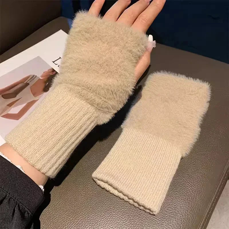 Mink Fleece Soft Winter Half Finger Gloves Women Warm Luxury Solid White Plush Knitted Fingerless Glove Wrist Mittens Writting