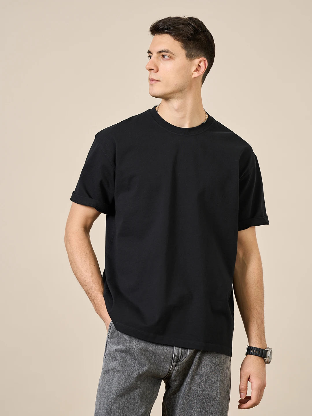 SIMWOOD  250g 100% Cotton Fabric T-shirt Men High Quality Solid Color Drop Sleeve Loose Tshirts Oversize Tops