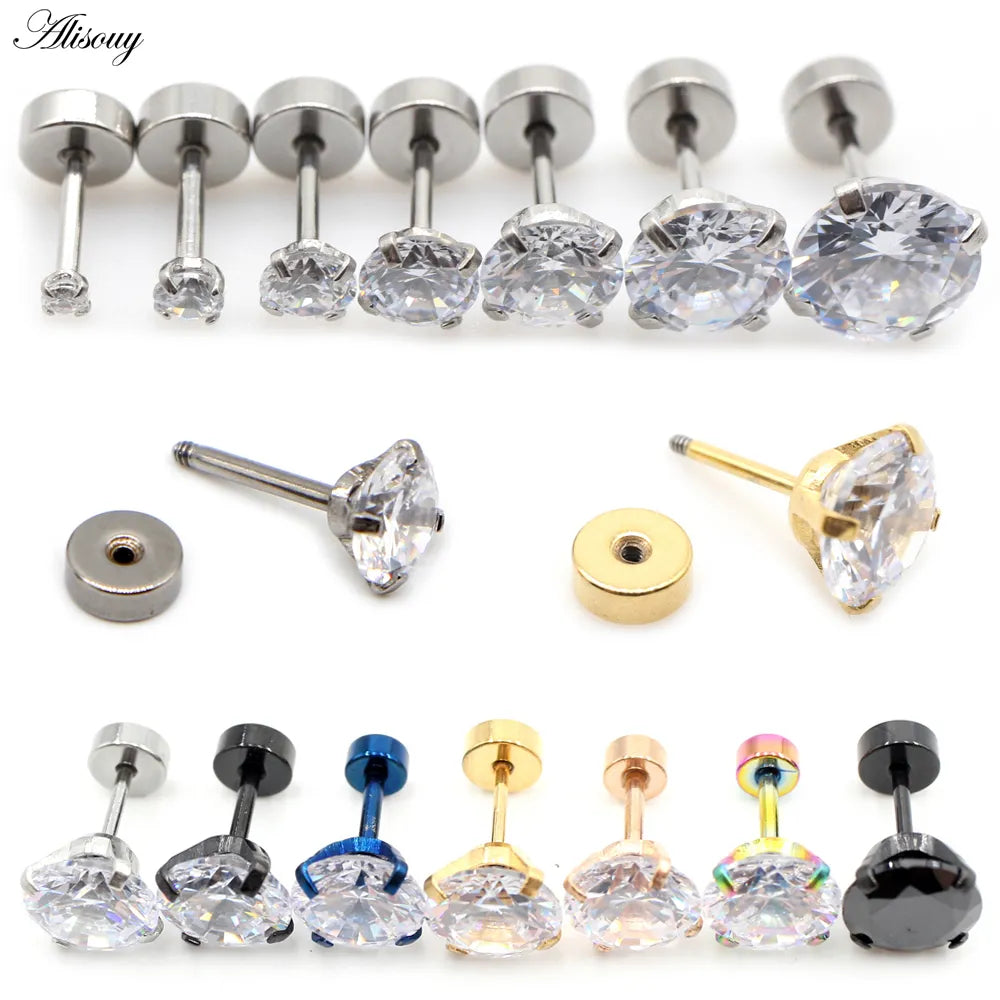 Alisouy 2pcs Stainless steel Unisex Women Men Round Crystal Zircon Ear Studs Earrings  4 Prong Tragus Cartilage Piercing Jewelry