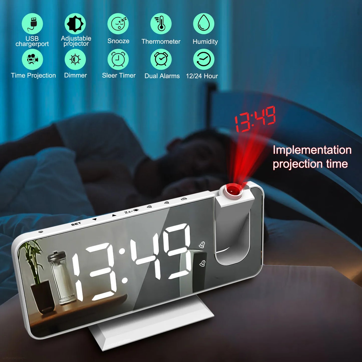 FM Radio LED Digital Smart Väckarklocka Klocka Bord Elektroniska skrivbordsklockor USB Wake Up Clock med 180° tidsprojektion snooze