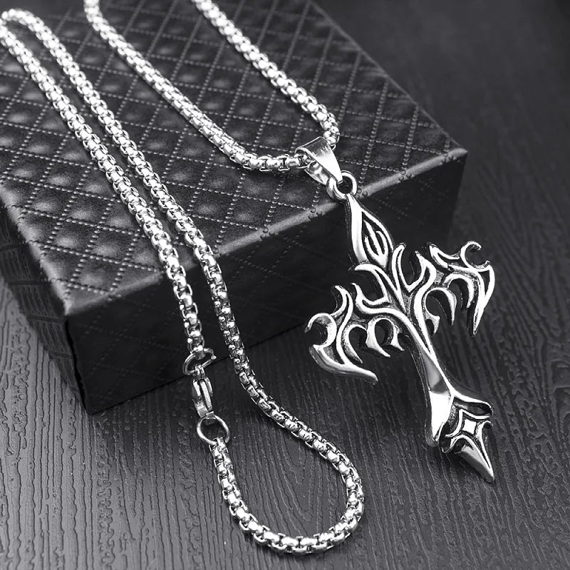 Classic Steel Warrior Men's Cross Amulet Necklace Fashion Flame Christian Simple Trend Men's Women's Pendant Lucky Gift