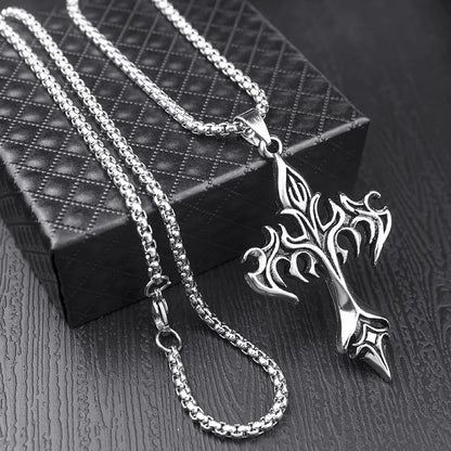 Classic Steel Warrior Men's Cross Amulet Necklace Fashion Flame Christian Simple Trend Men's Women's Pendant Lucky Gift