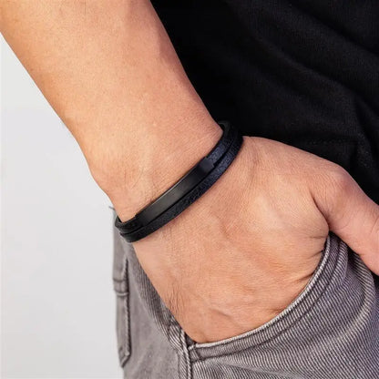 Bracelet en cuir véritable noir pour hommes, Style Simple, classique, avec insertion en acier inoxydable, Double couche tressée, cadeau pour ami