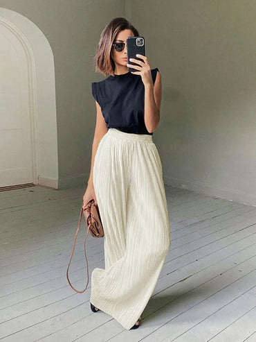 Beige Pleated Wide Leg Pants Womens Pants Fashion Casual Loose Trousers Office Lady Elegant Long Palazzo Pants