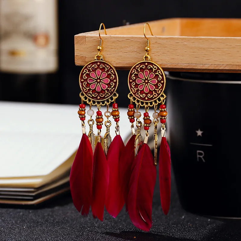 Boho Long Feather Dangle Women's Earrings Beach Long Tassel Beads Handmade Flower Enamel Earrings Bride Wedding Pendientes Mujer