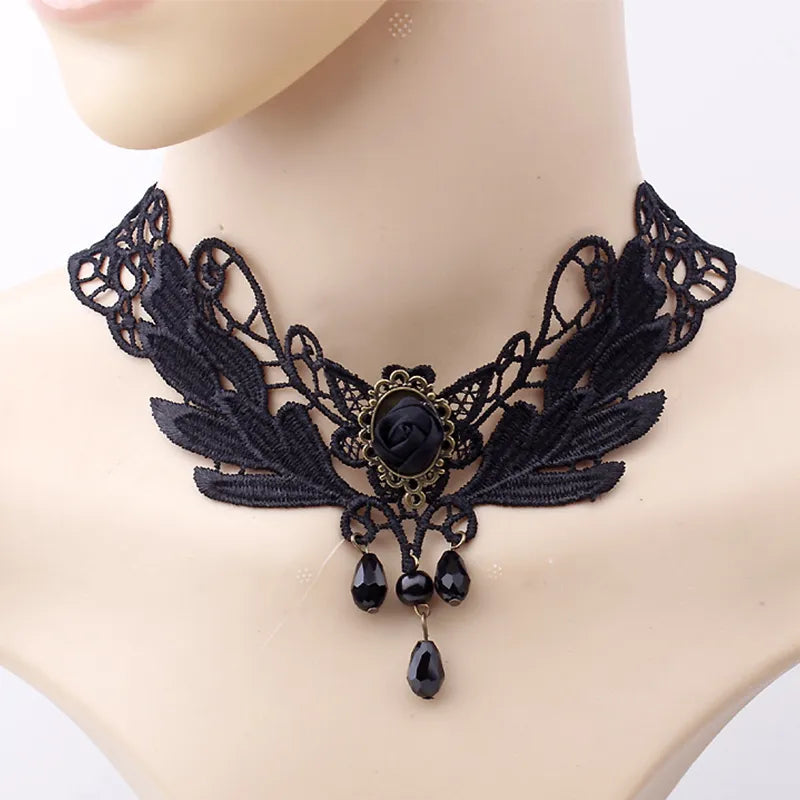 Collier gothique victorien en dentelle noire pour femmes et filles, style Boho, pompon en cristal, ras du cou en dentelle Sexy, Steampunk, Style Loli foncé, bijoux d'halloween