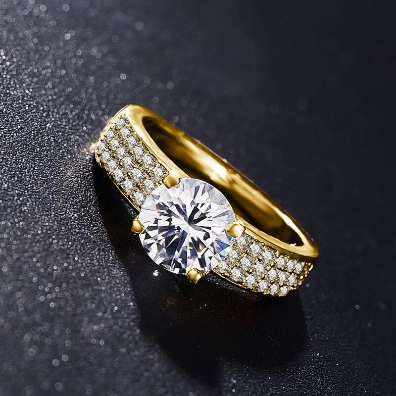 Fine Pure Solid Yellow Gold Color Ring Solitaire 2ct Cubic Zircon Wedding Band Real Tibetan Silver Rings For Women Accessories