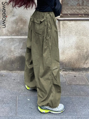 Casual Baggy Träningsbyxor med vida ben Vita Lös Dragsko Låg midja Streetwear Cargo Byxor Dam Hippie Joggers byxor