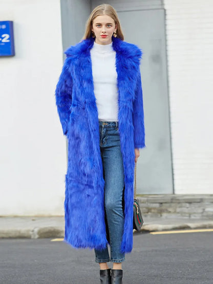 High Street Luxury Long Faux Fur Coat Women Vintage Slim Red Pink Faux fur Coats Fluffy Jacket Women Pele