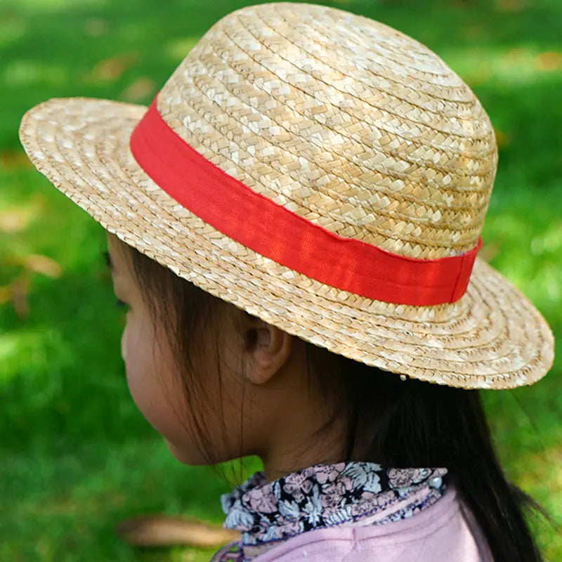 Casquette une pièce pour garçon et fille, chapeau de paille, ficelle de cou, chapeaux plats Luffy, Cosplay, accessoires de dessin animé japonais, chapeau de plage à rayures rouges pour enfant