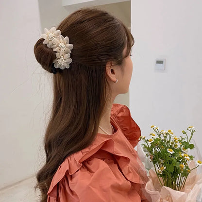 Women Elegant Bud Chiffon Flower Bun Maker Maruko Hairstyle Making Long Tool Sweet Hair Braide Rope Hairbands Korean Accessories