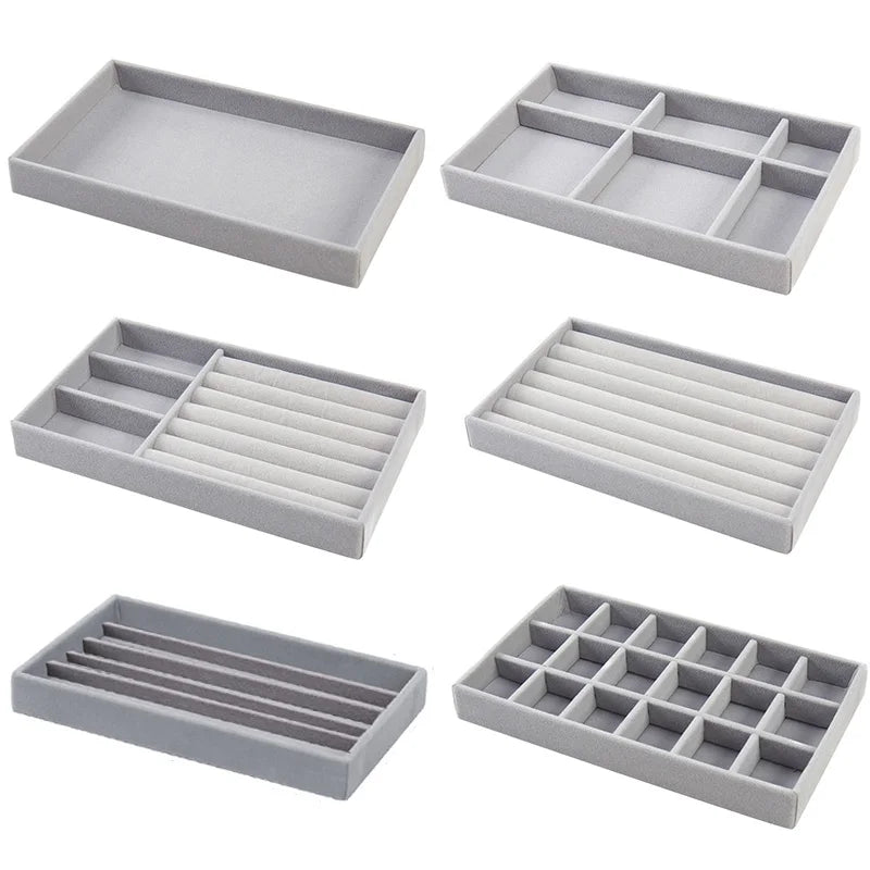 Grey Flannel Jewelry Storage Box Household Drawer Earrings Necklace Ring Tray Head Rope Ear Clip Display Storage Tray Box New