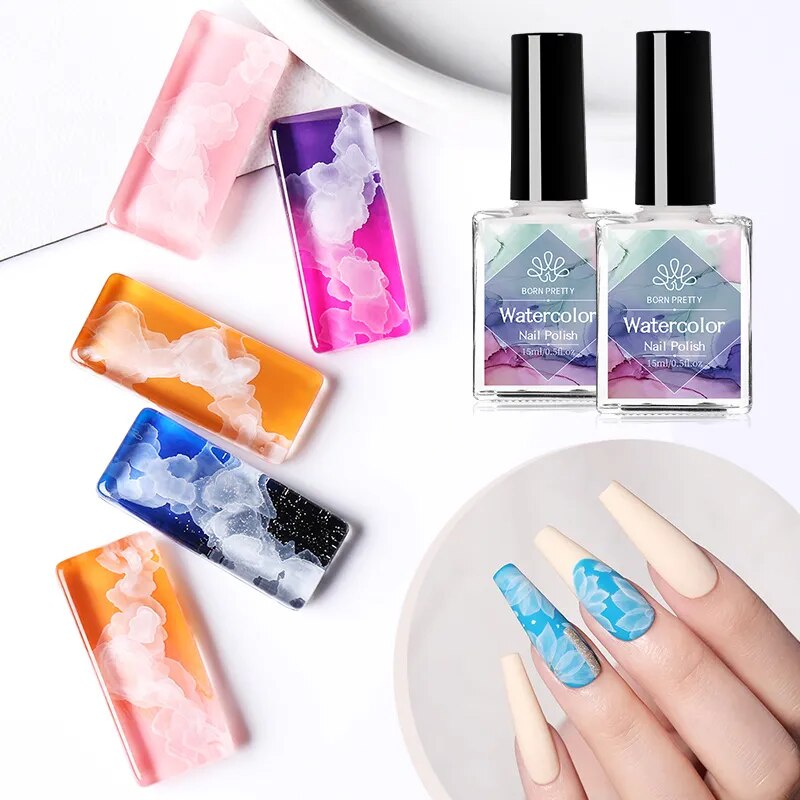 BORN PRETTY Watercolor Nail Ink White Nail Polish Blossoming Effect Nails Art Design Natural Air Dry Nail Art Varnish Manicure