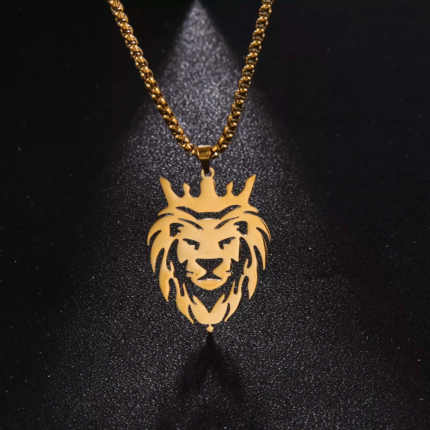 My Shape Lion with King Crown Necklaces for Men Boys Stainless Steel Punk Animal Necklaces Lion Men's Box Chain Choker Jewelry