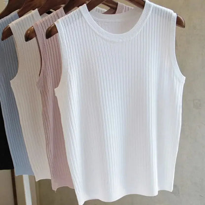 1pcs Summer New Fashion Knitted Vests O-neck Sleeveless Casual Thin Tops