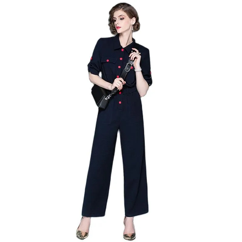 Women's autumn new fashion lapel cropped sleeves autumn section jumpsuit