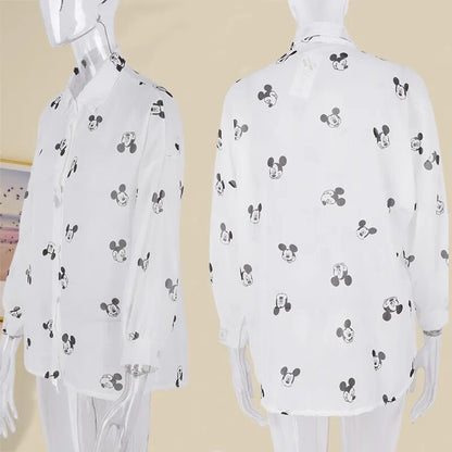 Musse Pigg Blus Dam Långärmad Skjorta Dam Strandskjortor Kawaii Tecknad Sommar Disney Kläder Cover-Up Topp Casual