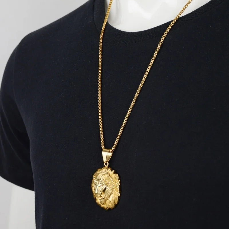 New Trendy Animal Long Hair Lion Head Pendant Necklace Men's Necklace Metal Sliding Inlaid Crystal Necklace Accessories Jewelry