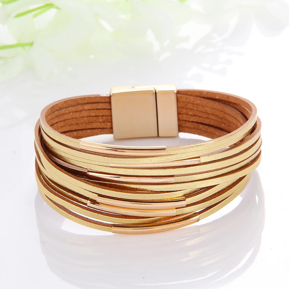 Multilayer Leather Women's Bracelet Metal Copper Tube Leather Wound Magnet Buckle Bracelet Exquisite Color Matching Jewelry