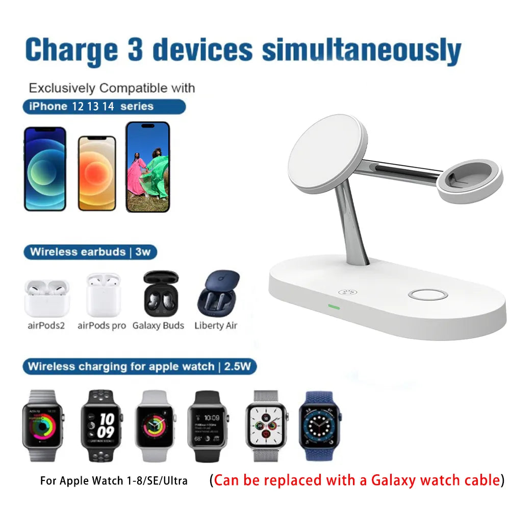 3 in 1 Wireless Charger Stand For iPhone 15 14 13 12 Pro magsafe Charger fast Charging Station for Samsung or Apple Watch Cable