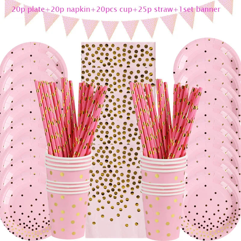 Rose Gold Party Supplies Disposable Polka Dots Paper Plate Cup Straw Banner Tableware Bridal Shower Wedding Birthday Party Decor