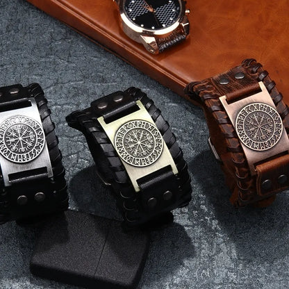 New Retro Wide Leather Pirate Compass Bracelet Men's Bracelet Celtic Viking Jewelry Compass Bracelet Accessories Party Gifts