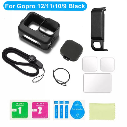 Étui en Silicone pour GoPro Hero 12 11 10, protecteur d'écran en verre trempé noir, Film de protection, couvercle de capuchon d'objectif pour accessoires GoPro9