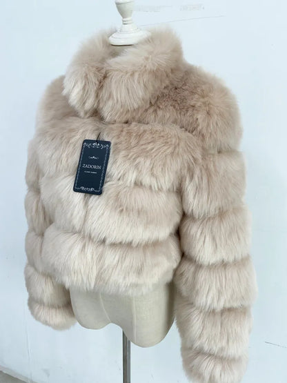 New Fashion Short Winter Faux Fox Fur Coat Women Luxury Stand Fur Collar Thick Warm Furry Jacket Faux Fur Cropped Top