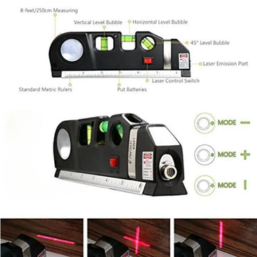 Laser Level Horizon Vertical Measure 8FT Aligner Standard och Metriska linjaler Multifunktionsmått Nivå Laser Svart