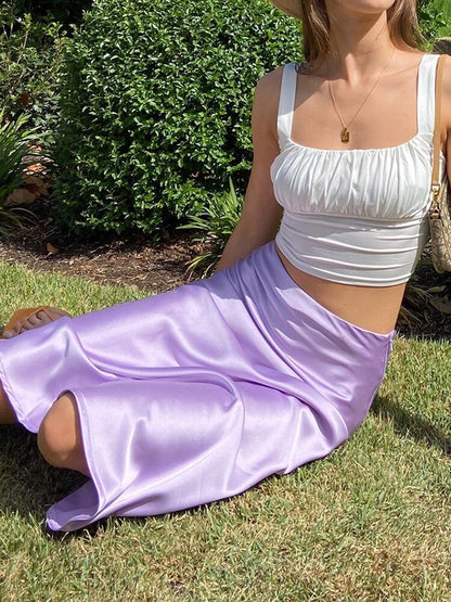 Jupe en Satin de soie violet uni pour femmes, taille haute, longue, élégante, pour le bureau, Midi, printemps, été