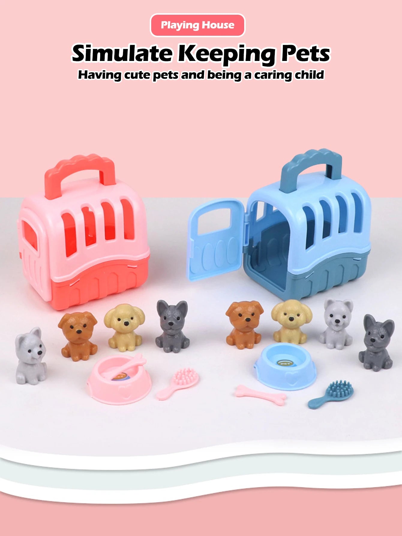 Cute Dog Pet Basket Family Toys Dog Doll Set Dog Cage Toys Scene Playing Toys Christmas Decoration and Thanksgiving Gifts