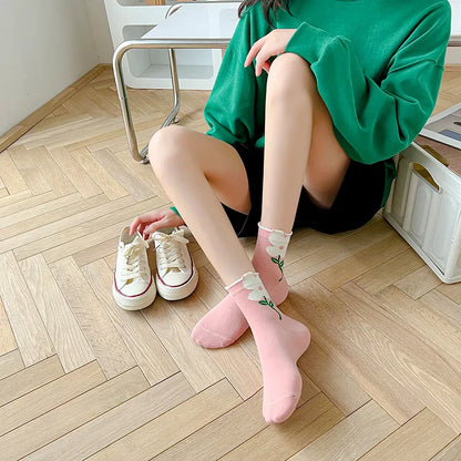 1 Pair Women Socks Japanese Korean Style Cartoon Flower Candy Color Harajuku Kawaii Mid Tube Socks Breathable Casual Short Socks