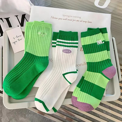 Cotton Women's Long Socks Medium Tube Korean White Breathable Leisure Girls Embroidery Male Sock Spring Summer Stripe Woman Cute