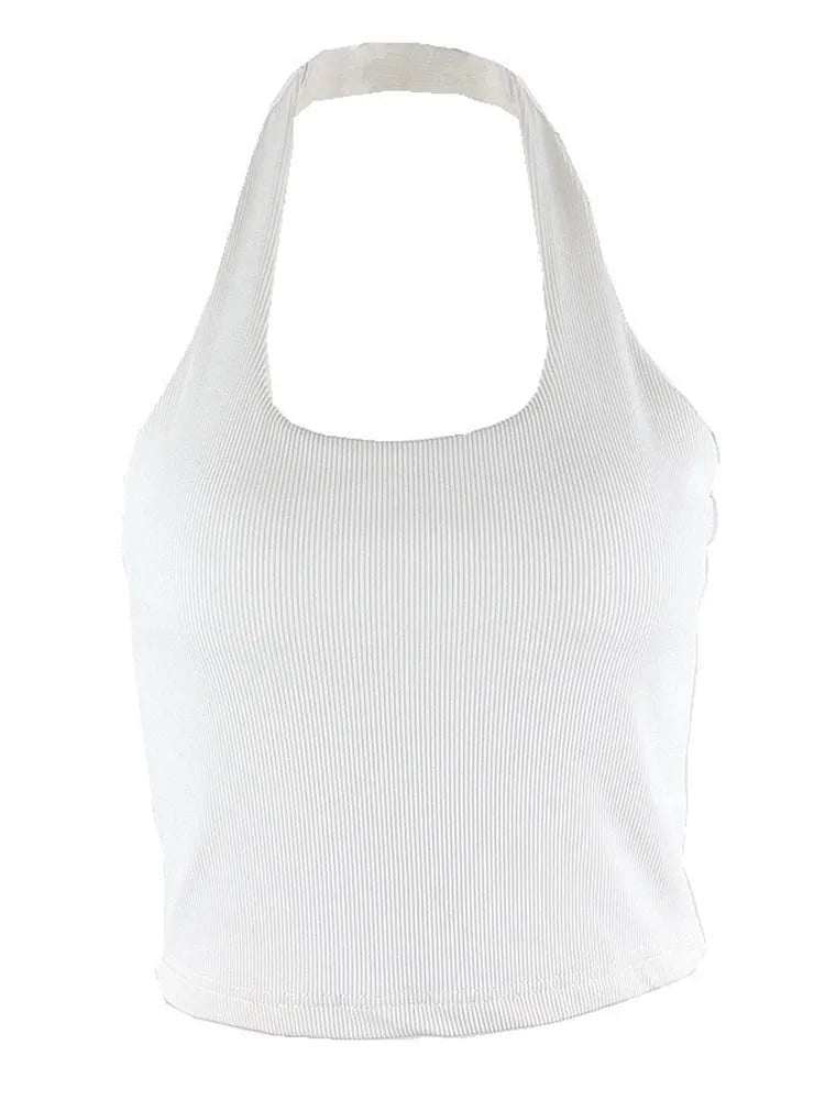 White Halter Sexy Backless Tank Tops for Women Streetwear Sleeveless Ribbed Knit Vest Top Cropped Feminino