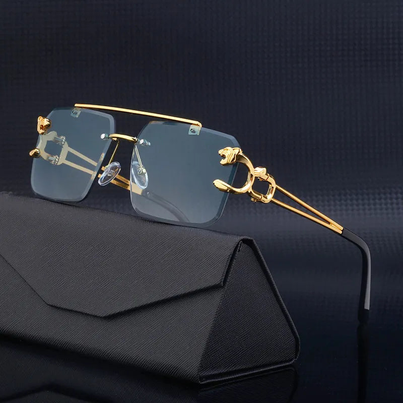 Fashion Metal Leopard Rimless Sunglasses Double Bridges Gradient Ocean Film Shades UV400