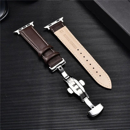 Genuine Leather Watch Straps for Apple Watch 8 7 6 SE 5 4 Butterfly Buckle Watchband 38/40/41mm 42/44/45/49mm for iwatch ultra