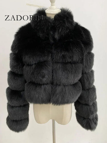 New Fashion Short Winter Faux Fox Fur Coat Women Luxury Stand Fur Collar Thick Warm Furry Jacket Faux Fur Cropped Top