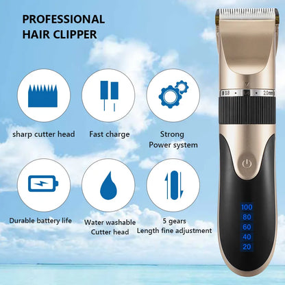 Professional Hair Clipper Men's Barber Beard Trimmer Rechargeable Hair Cutting Machine Ceramic Blade Low Noise Adult Kid Haircut