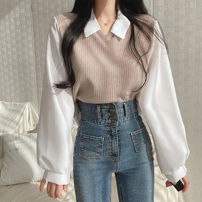 False Two-piece Polo Collar Women's Blouse Spring Casual Korean Shirt Y2k Tops Streetwear Loose Female Pullovers Elegant Blouses