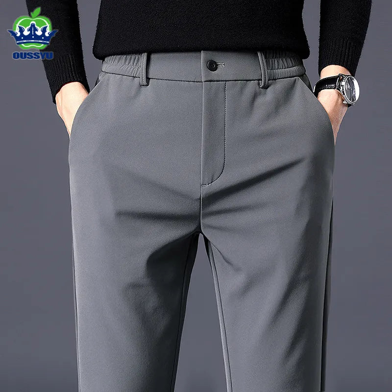 Autumn Winter Men's Casual Pants Business Stretch Slim Fit Elastic Waist Jogger Korean Classic Thick Black Gray Trousers Male