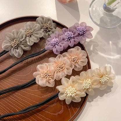 Women Elegant Bud Chiffon Flower Bun Maker Maruko Hairstyle Making Long Tool Sweet Hair Braide Rope Hairbands Korean Accessories